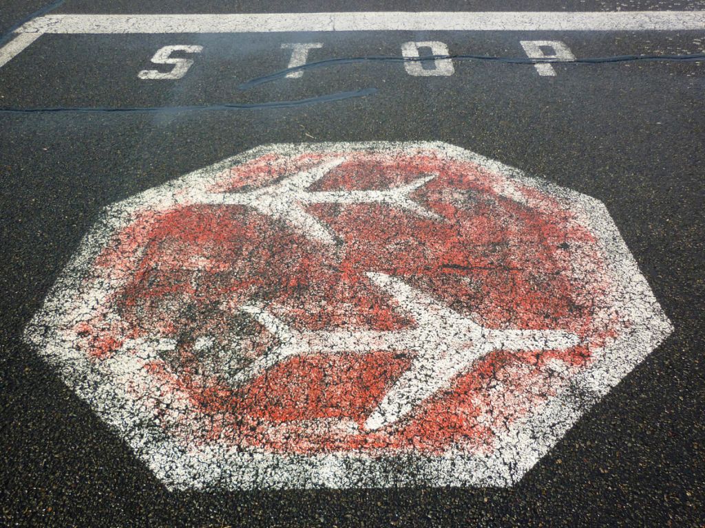 Traffic signs on the ground, stop aircraft, former Tempelhof Airport, Berlin, Germany