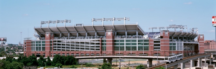 Cable car passing by a stadium, M&T Bank Stadium, Baltimore, Maryland, USA