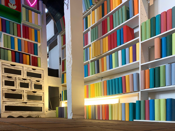 Books shelves packed with generic colorful books