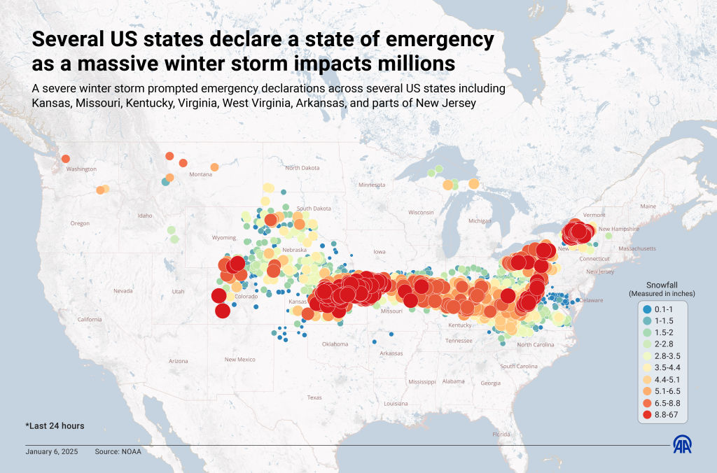 Several US states declare a state of emergency as a massive winter storm impacts millions