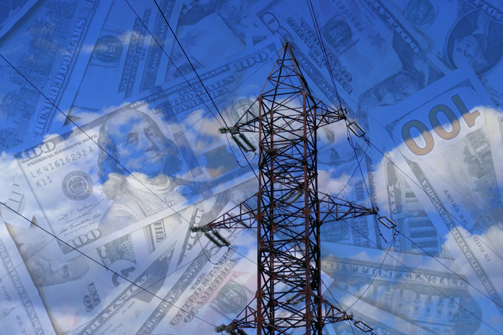 American dollars banknotes on electric pole background. Increasing consumption, energy crisis. Inflation. Price energy are getting more expensive annually