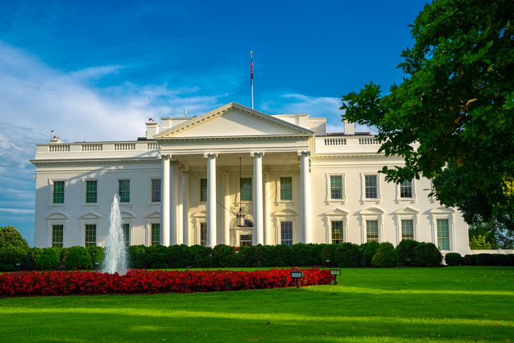 White House in Washington DC. American presidency residence. Federal government. Historic home of American presidents. USA symbol. The White House is national symbol. Political government building.