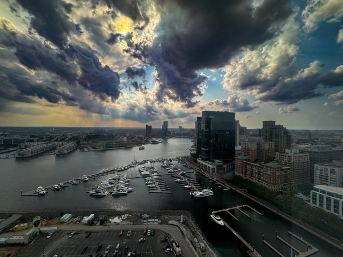 High angle view of city buildings against sky,Baltimore,Maryland,United States,USA